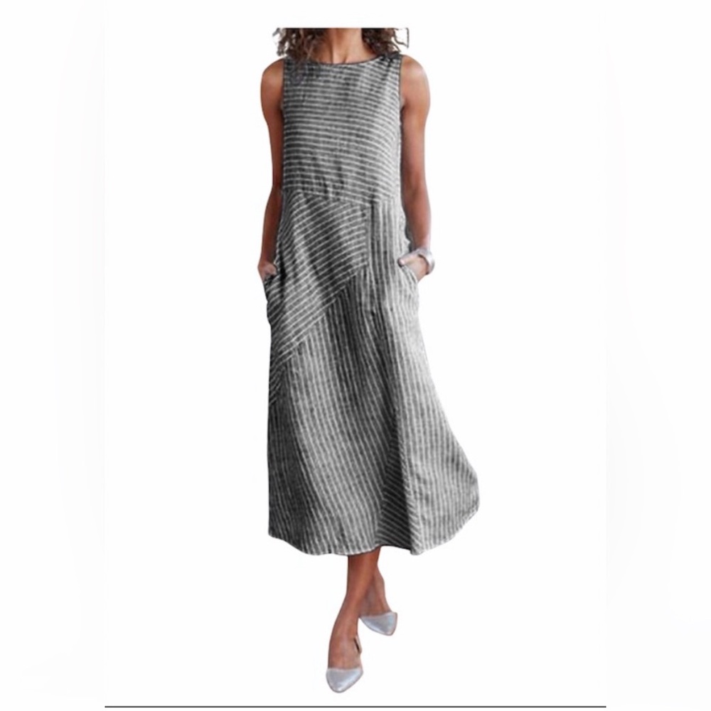 J. Jill 100% Linen Asymmetric Grey White striped Maxi Dress pockets PM EUC - Picture 2 of 16